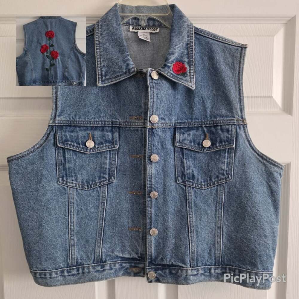 Vintage Adriana Sport Rose Embroidered Denim Vest XL Cottagecore Coquette 90s